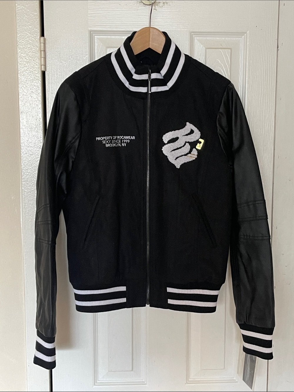 Rocawear Black Bomber Jacket with White Striped Trim Size Large